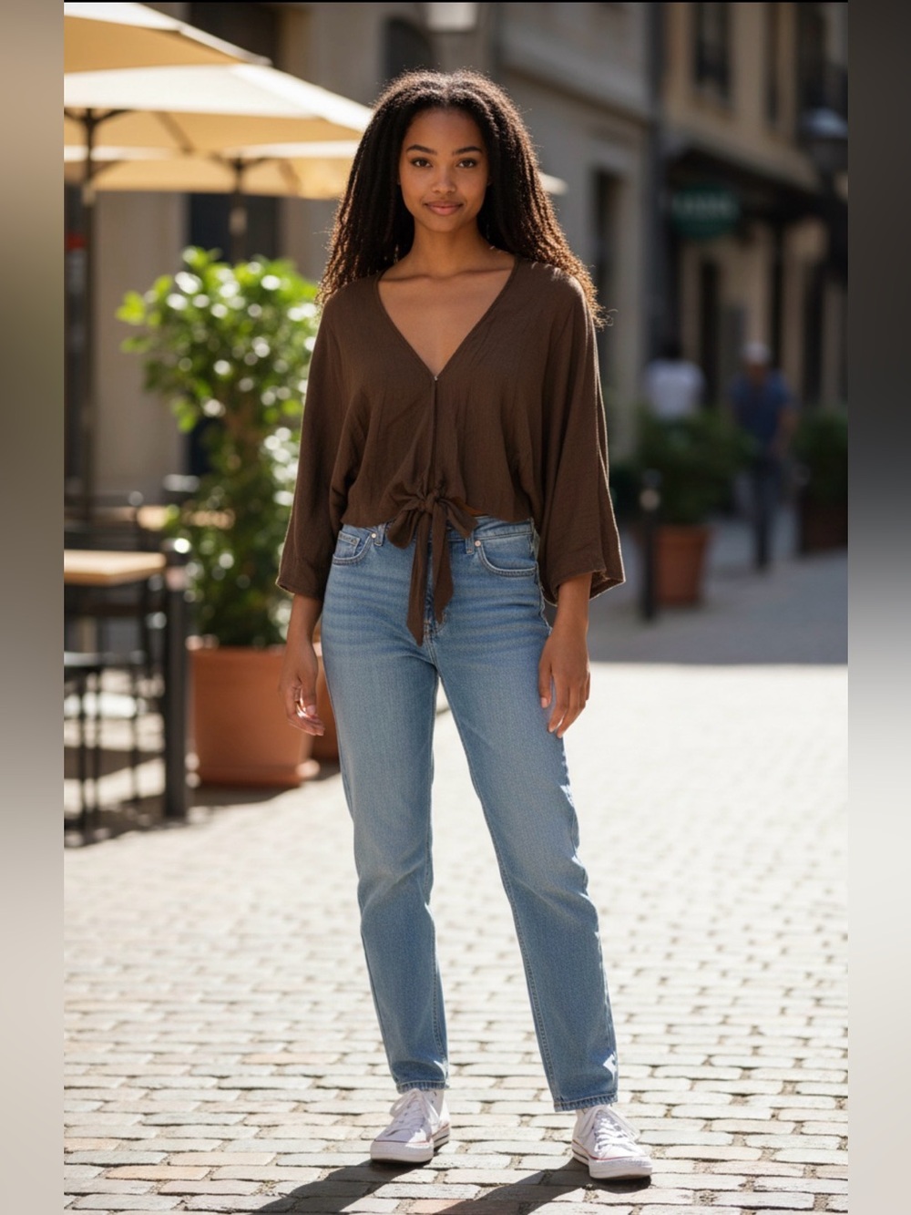 Kittenish Women's Medium Brown Sheer Gauze Tie Waist Blouse Peasant Cropped Boho